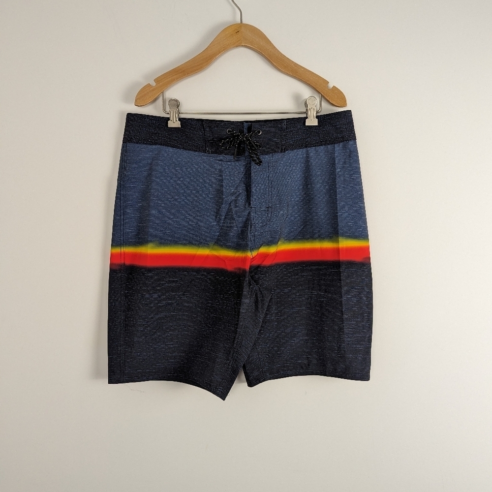 Burnside Men's Stretch Board Shorts - Size 32 - Navy with Sunset Stripe